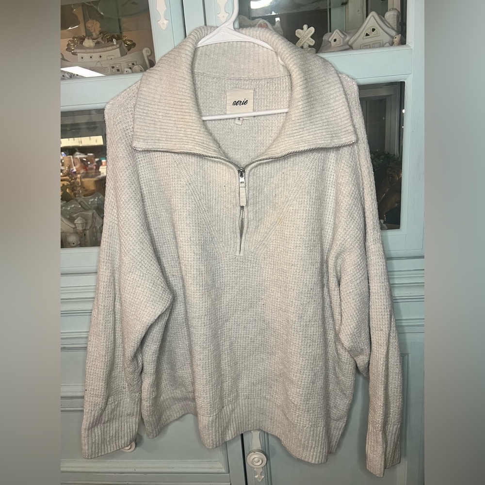 aerie Cream Half-Zip Knit Sweater